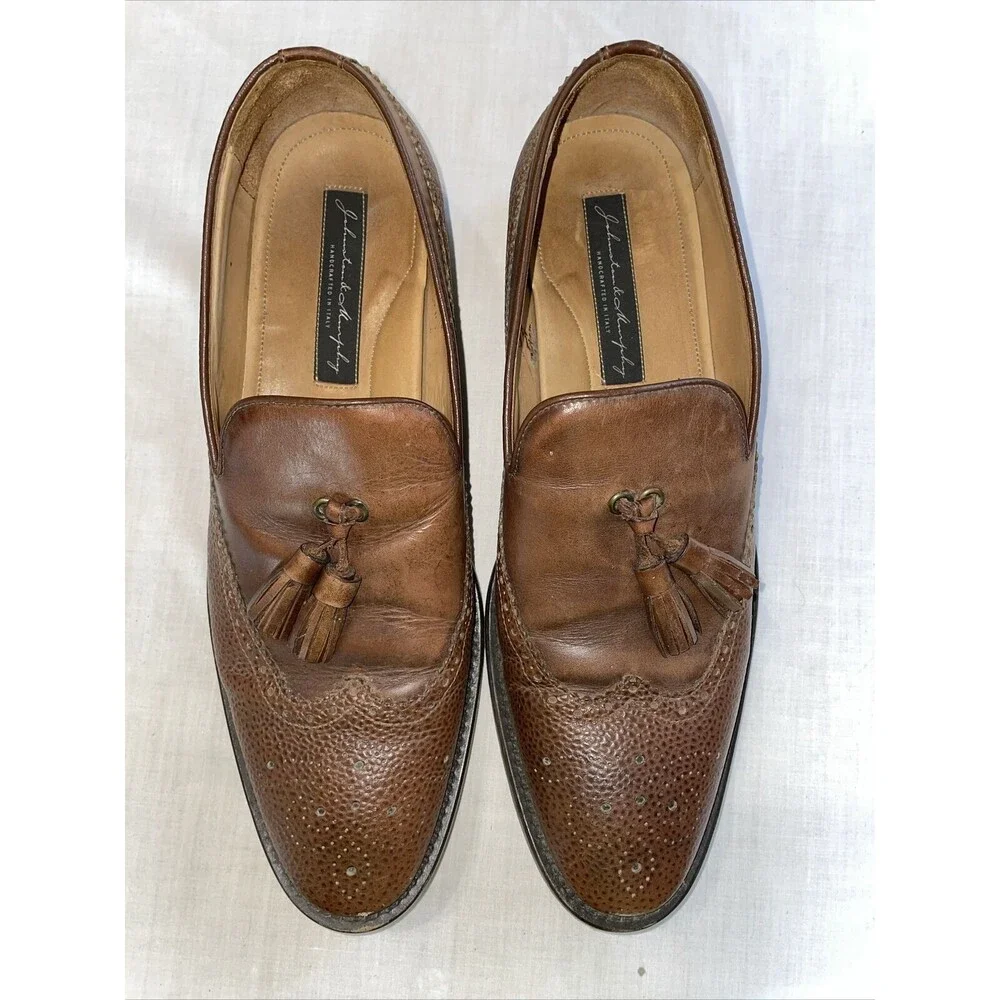 Johnston & Murphy Italy Dress Loafers Mens Sz 10 M Brown Leather Tassels Pebble